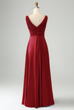 Ink Blue V Neck Pleated Hollow Out Satin Bridesmaid Dress