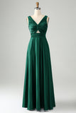 Ink Blue V Neck Pleated Hollow Out Satin Bridesmaid Dress
