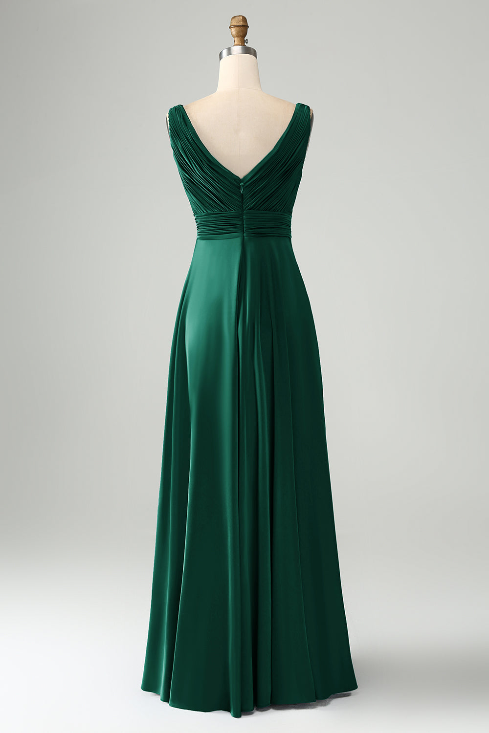 Ink Blue V Neck Pleated Hollow Out Satin Bridesmaid Dress