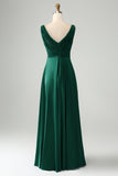 Ink Blue V Neck Pleated Hollow Out Satin Bridesmaid Dress