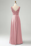 Dusty Rose Twist Front V Neck Pleated Hollow Out Satin Bridesmaid Dress