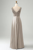 Dusty Rose Twist Front V Neck Pleated Hollow Out Satin Bridesmaid Dress