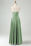 Dusty Sage Twist Front Pleated A Line Satin Long Bridesmaid Dress
