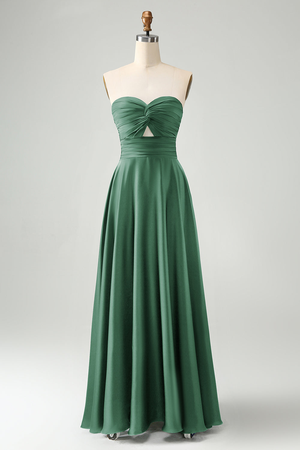 Dusty Sage Twist Front Pleated A Line Satin Long Bridesmaid Dress
