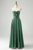 Dusty Sage Twist Front Pleated A Line Satin Long Bridesmaid Dress