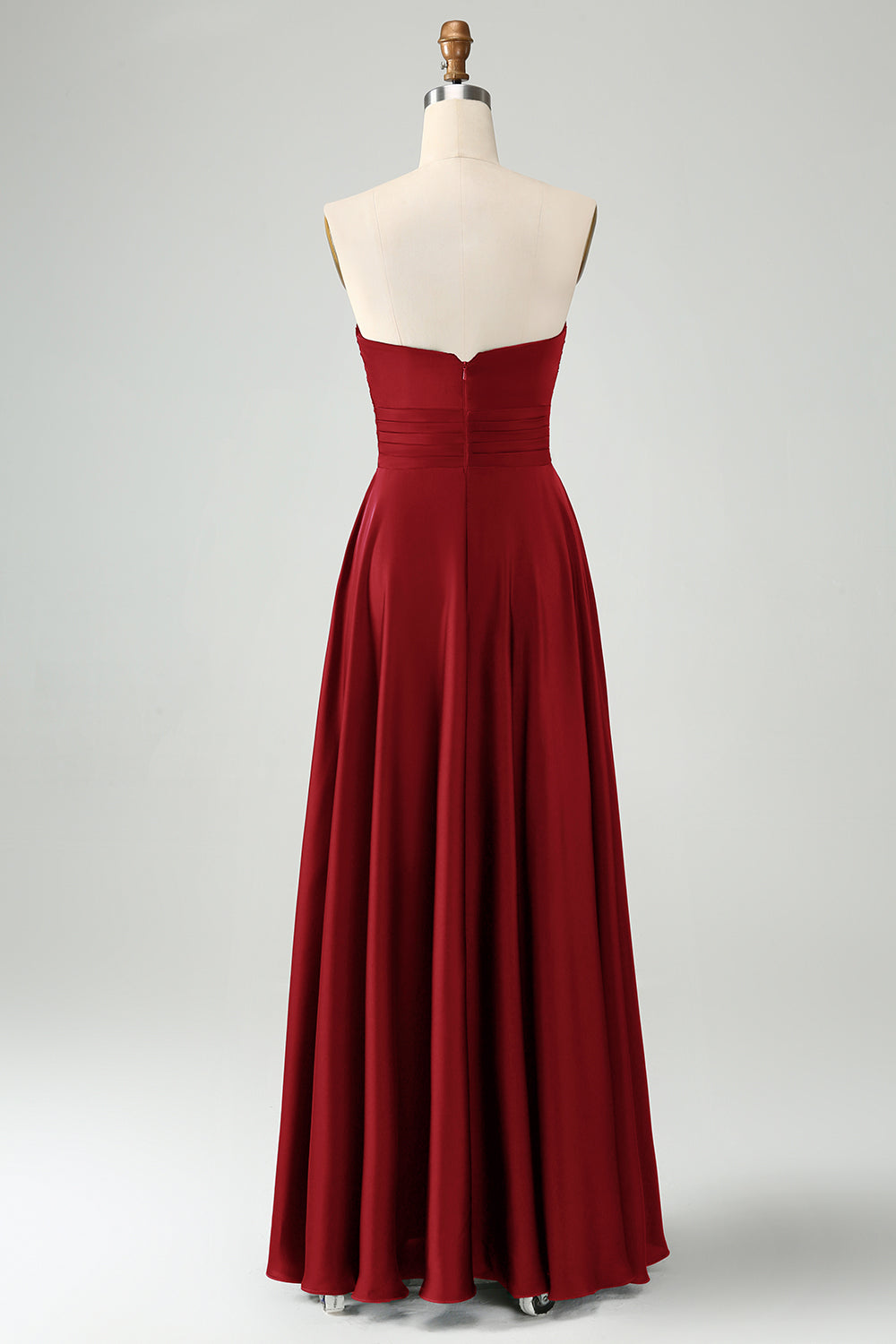 Dark Green Strapless Pleated A Line Satin Long Bridesmaid Dress