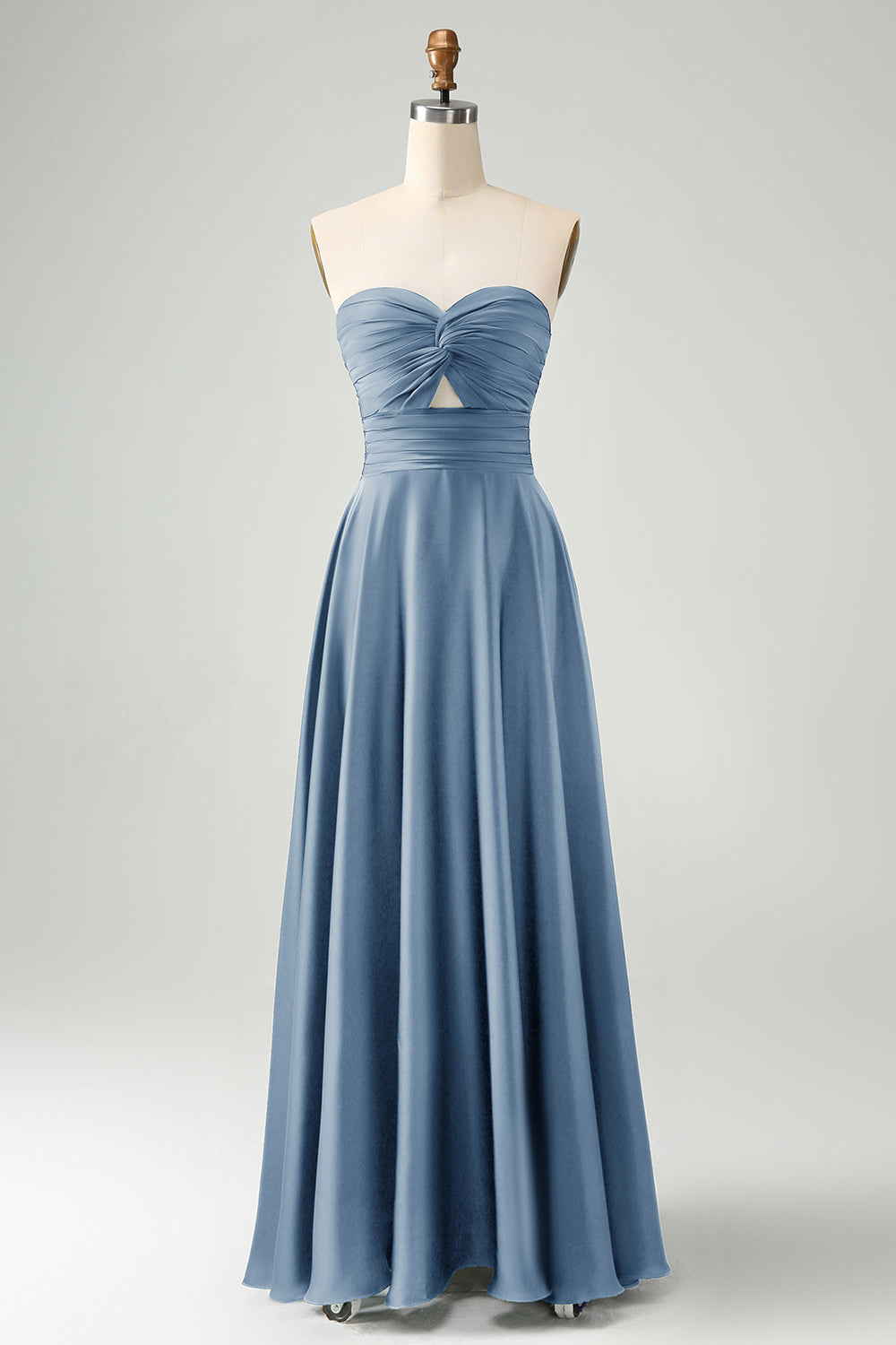 Dark Green Strapless Pleated A Line Satin Long Bridesmaid Dress