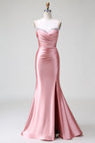 Gorgeous Blush Pleated Mermaid Satin Bridesmaid Dress with Slit