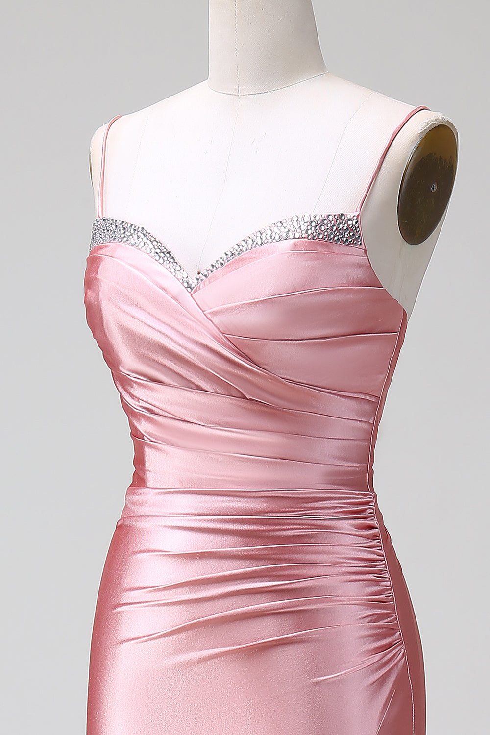 Gorgeous Blush Pleated Mermaid Satin Bridesmaid Dress with Slit