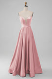 Dusty Rose Deep V Neck A-line Lace Up Satin Bridesmaid Dress