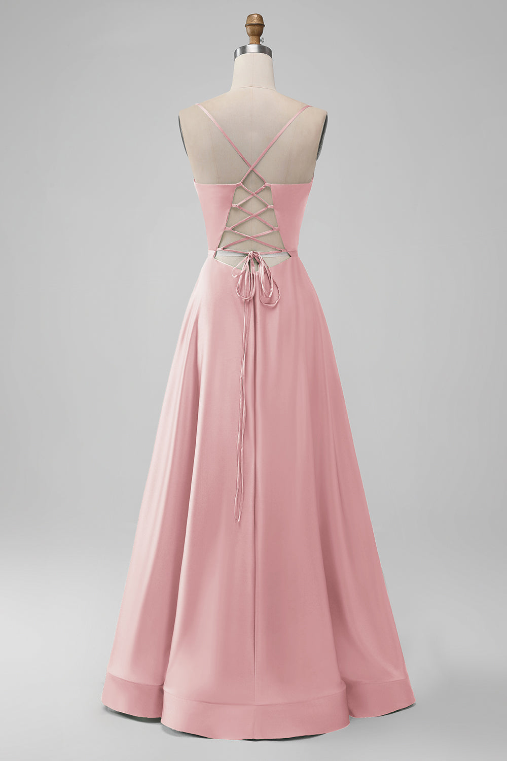 Dusty Rose Deep V Neck A-line Lace Up Satin Bridesmaid Dress