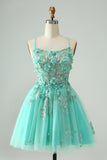 Green Spaghetti Straps Applique Lace Up A Line Prom Dress