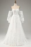 Detachable Long Sleeves Embroidery A-Line Sweep Train Wedding Dress