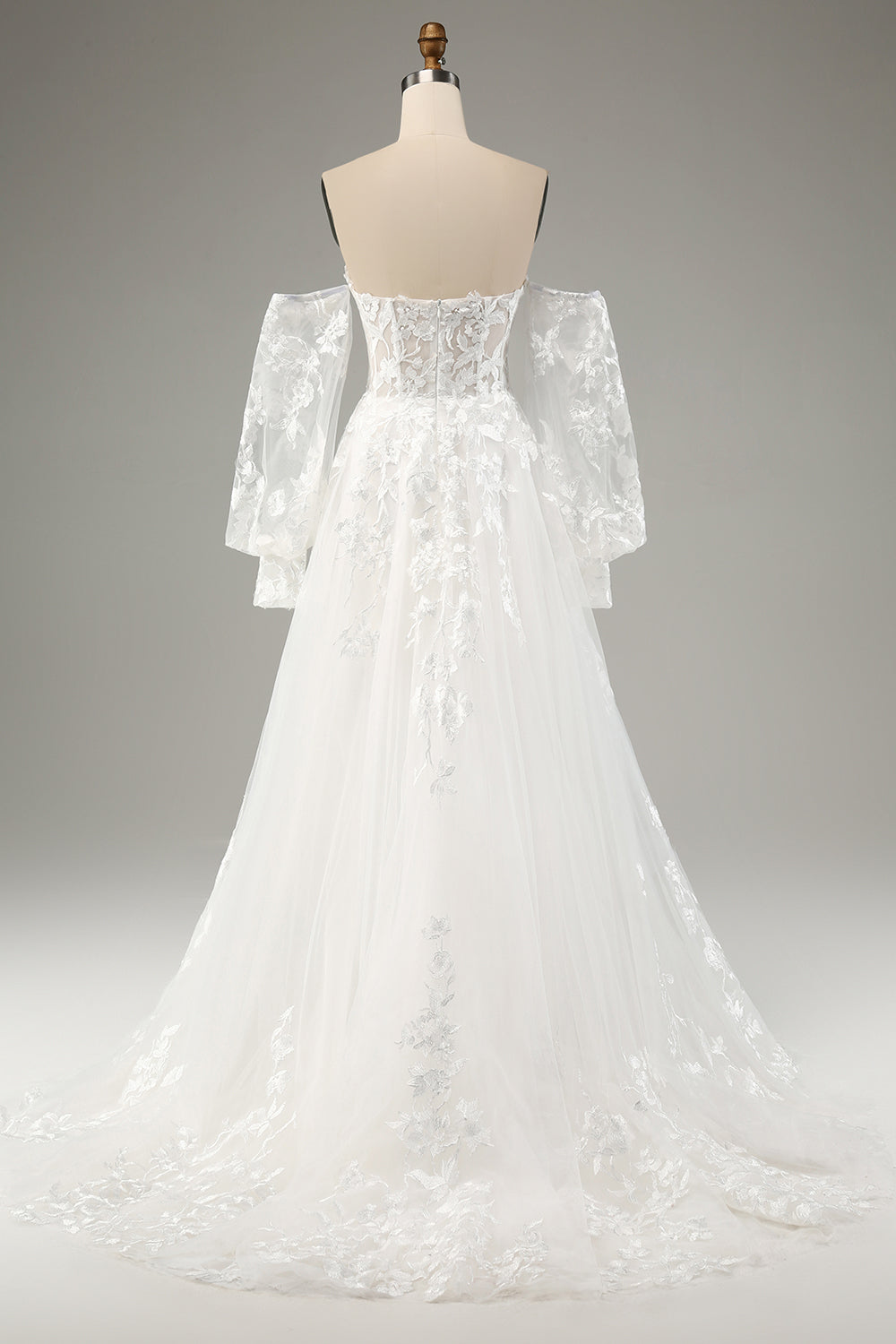 Detachable Long Sleeves Embroidery A-Line Sweep Train Wedding Dress