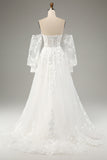 Detachable Long Sleeves Embroidery A-Line Sweep Train Wedding Dress