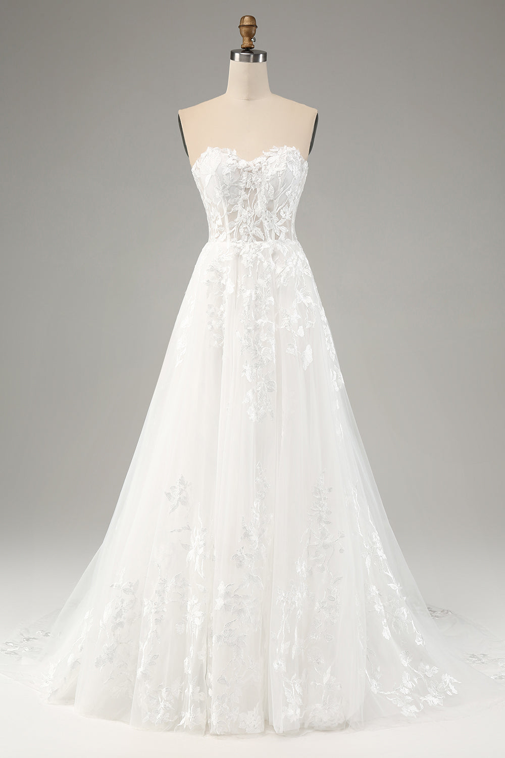 Detachable Long Sleeves Embroidery A-Line Sweep Train Wedding Dress