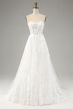 Detachable Long Sleeves Embroidery A-Line Sweep Train Wedding Dress