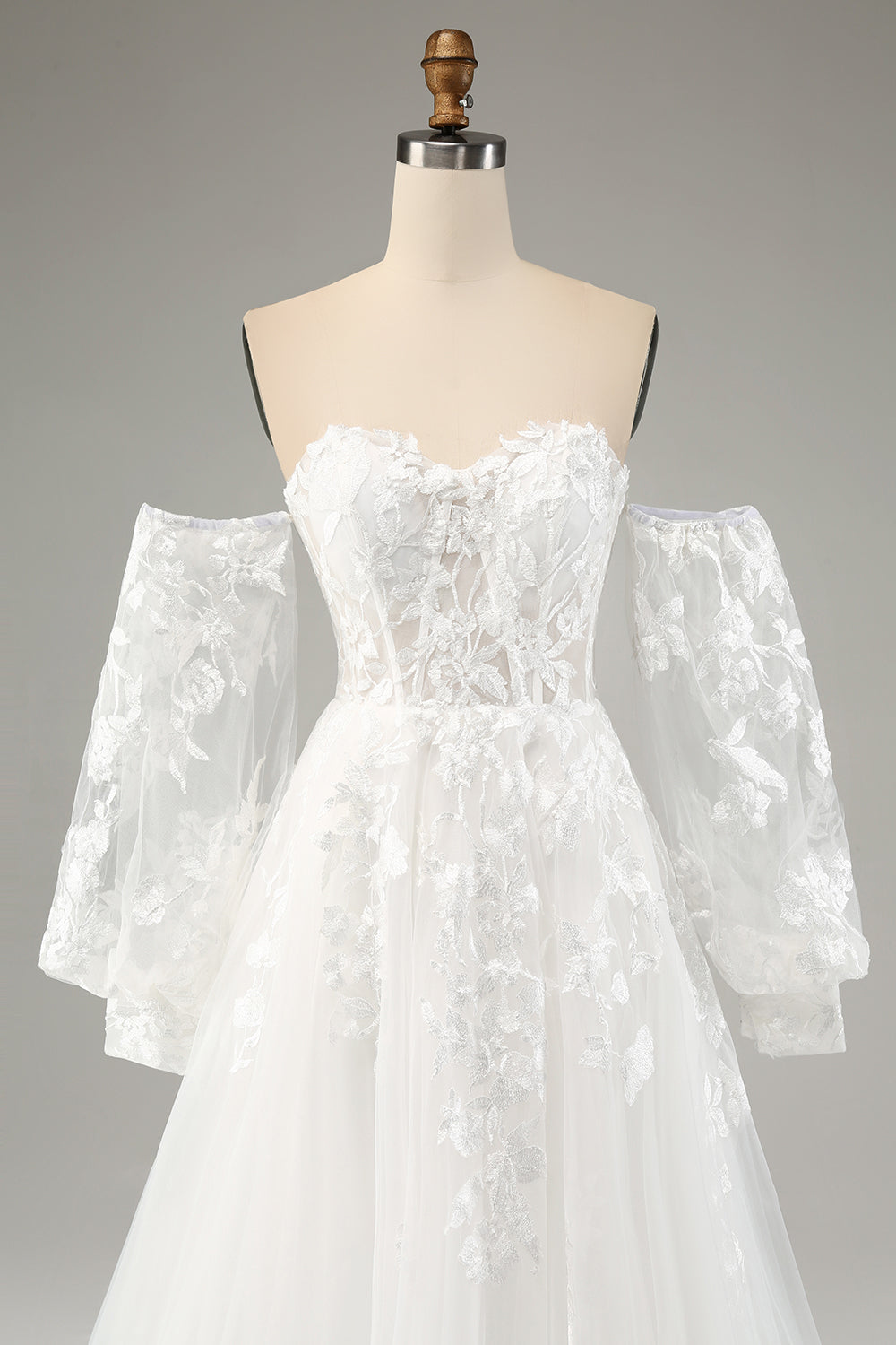 Detachable Long Sleeves Embroidery A-Line Sweep Train Wedding Dress