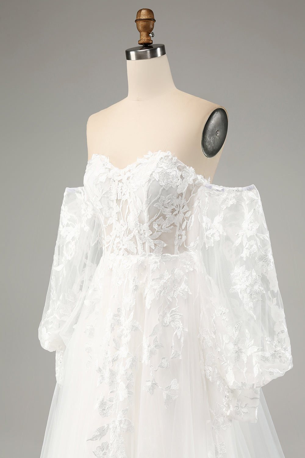 Detachable Long Sleeves Embroidery A-Line Sweep Train Wedding Dress