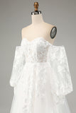 Detachable Long Sleeves Embroidery A-Line Sweep Train Wedding Dress