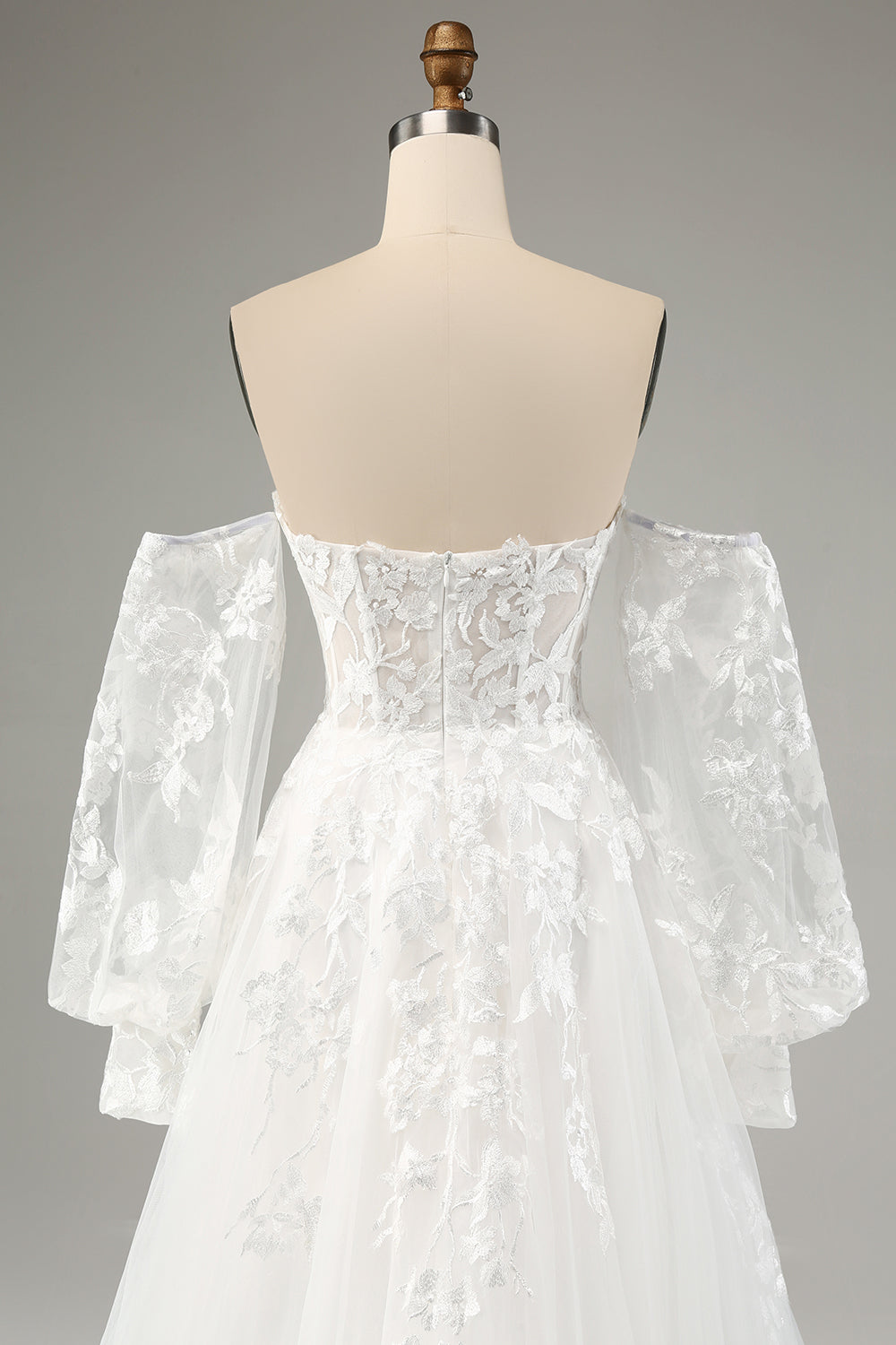 Detachable Long Sleeves Embroidery A-Line Sweep Train Wedding Dress