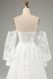 Detachable Long Sleeves Embroidery A-Line Sweep Train Wedding Dress