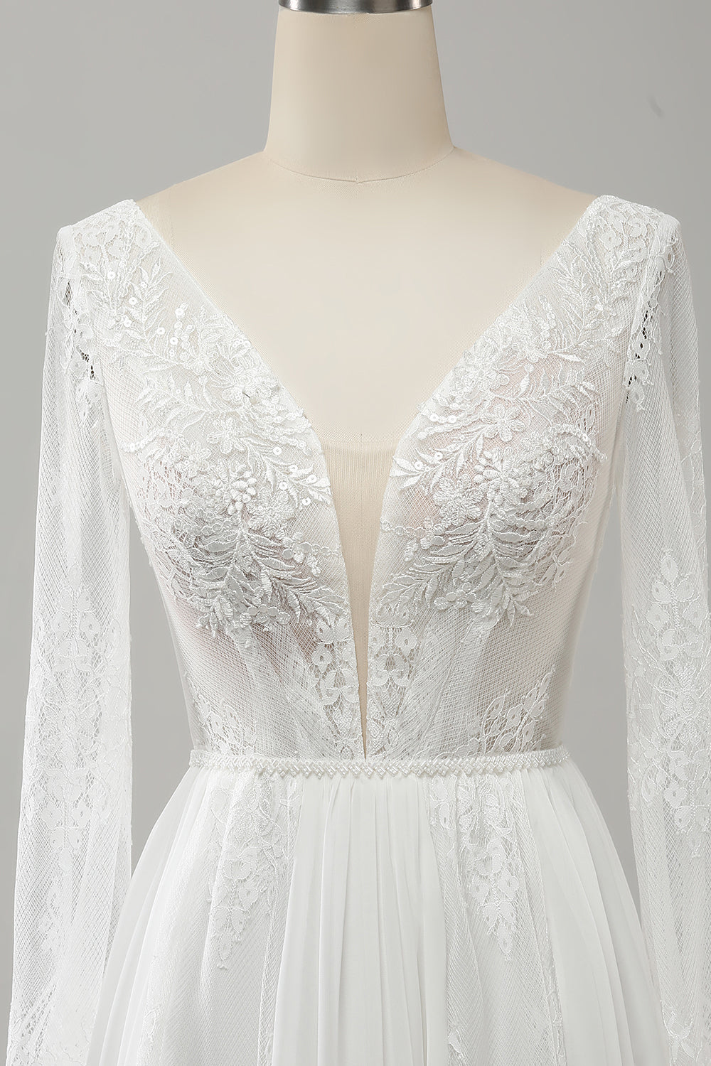 A Line Long Sleeves Beach Boho Wedding Dress with Lace Appliqued