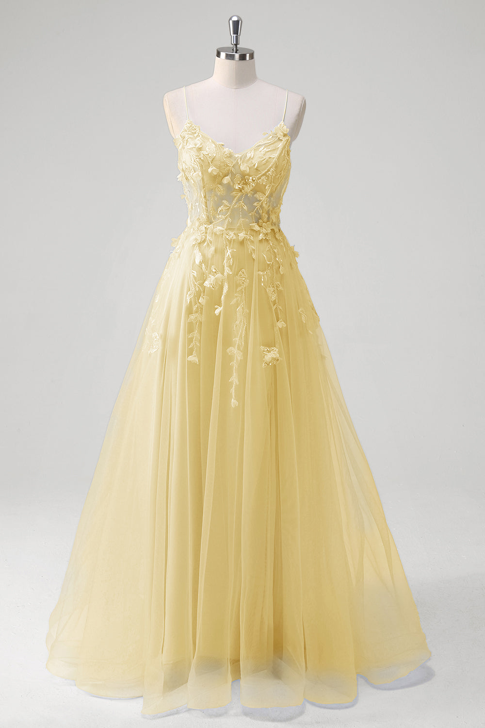 Blue Corset Applique Beaded A-Line Prom Dress with Slit