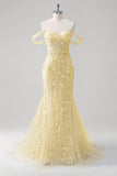 Yellow Sweetheart Corset Applique Mermaid Maxi Prom Dress with Beading