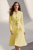 Tweed Ivory Long Sleeves Round Neck Midi Work Dress with Belt