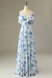 Blue Cold Shoulder Floral Print Maxi Bridesmaid Dress