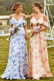 Blue A Line Cold Shoulder Floral Print Maxi Bridesmaid Dress