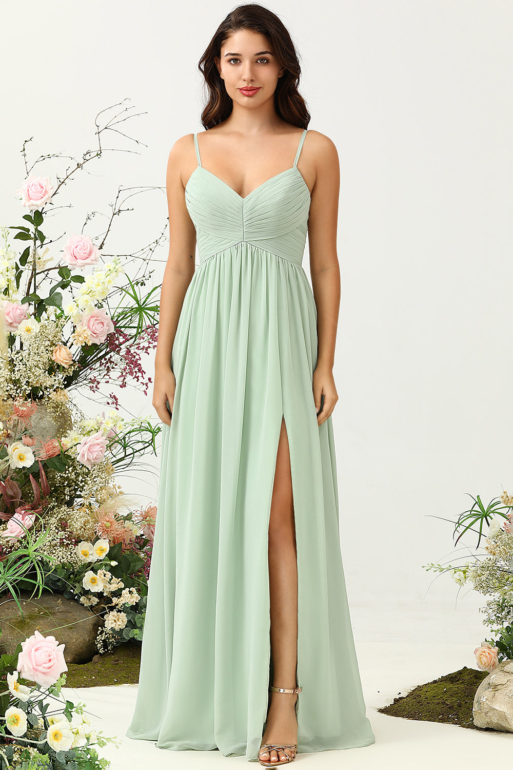 Eucalyptus A Line Spaghetti Straps Ruched Long Chiffon Bridesmaid Dress with Slit