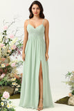 Eucalyptus A Line Spaghetti Straps Ruched Long Chiffon Bridesmaid Dress with Slit