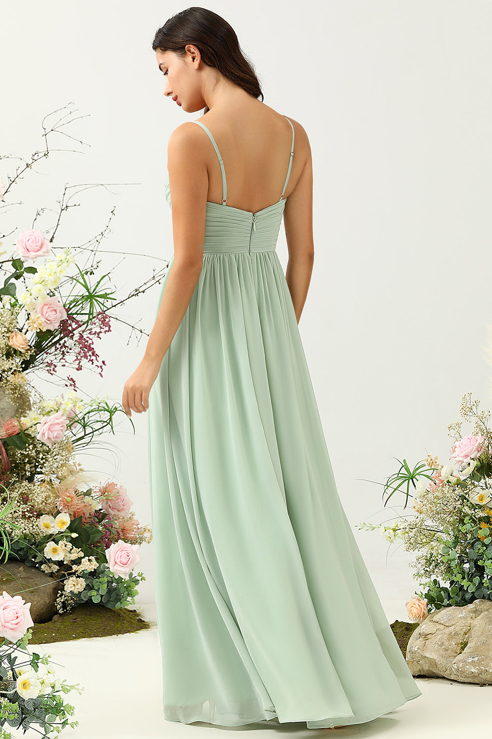 Eucalyptus A Line Spaghetti Straps Ruched Long Chiffon Bridesmaid Dress with Slit