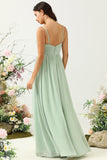 Eucalyptus A Line Spaghetti Straps Ruched Long Chiffon Bridesmaid Dress with Slit