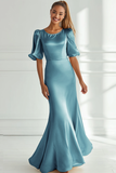 Champagne Round Neck Satin Maxi Bridesmaid Dress with Sleeves