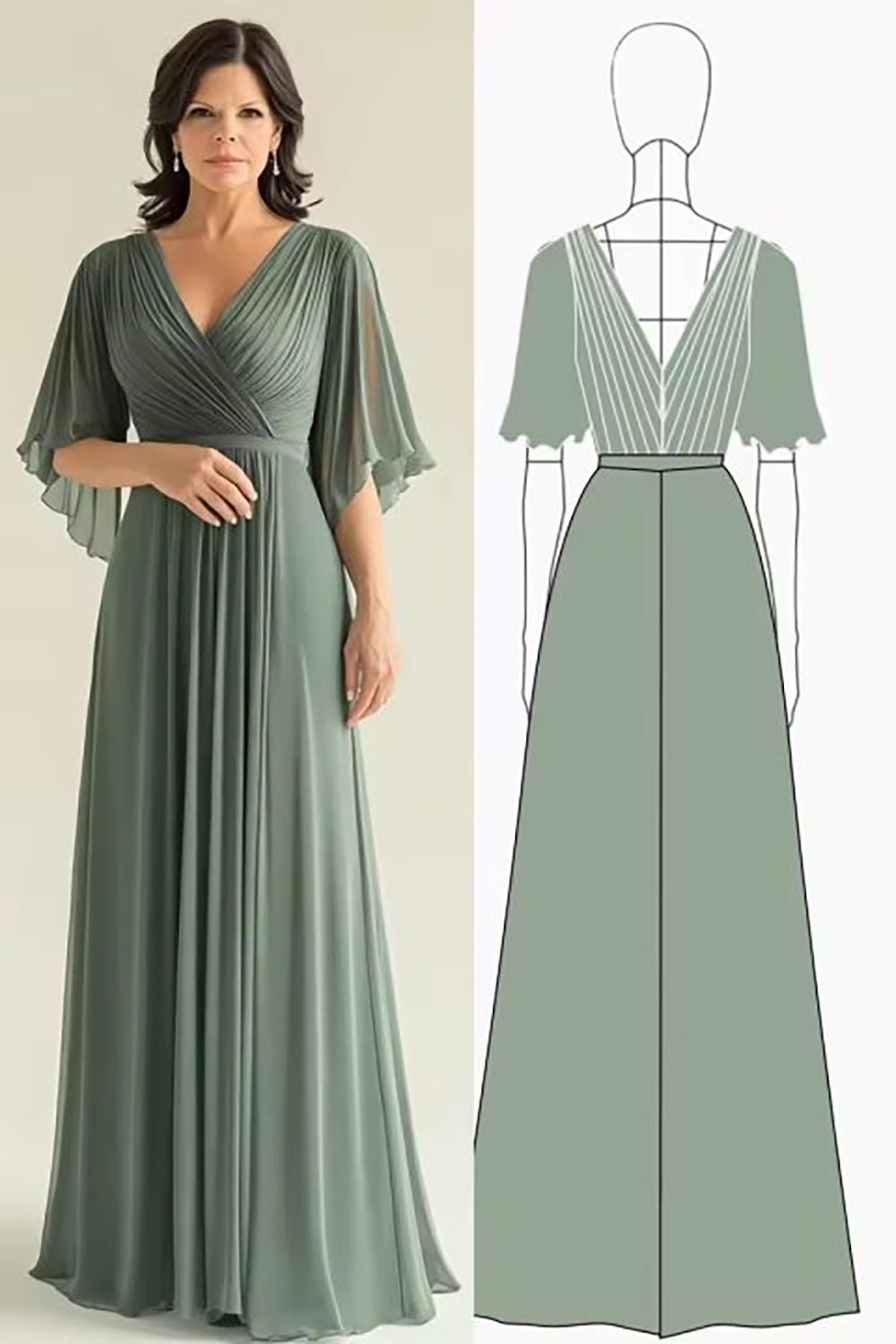 Agave Ruffle Sleeves Chiffon A-Line Mother of the Bride Dress