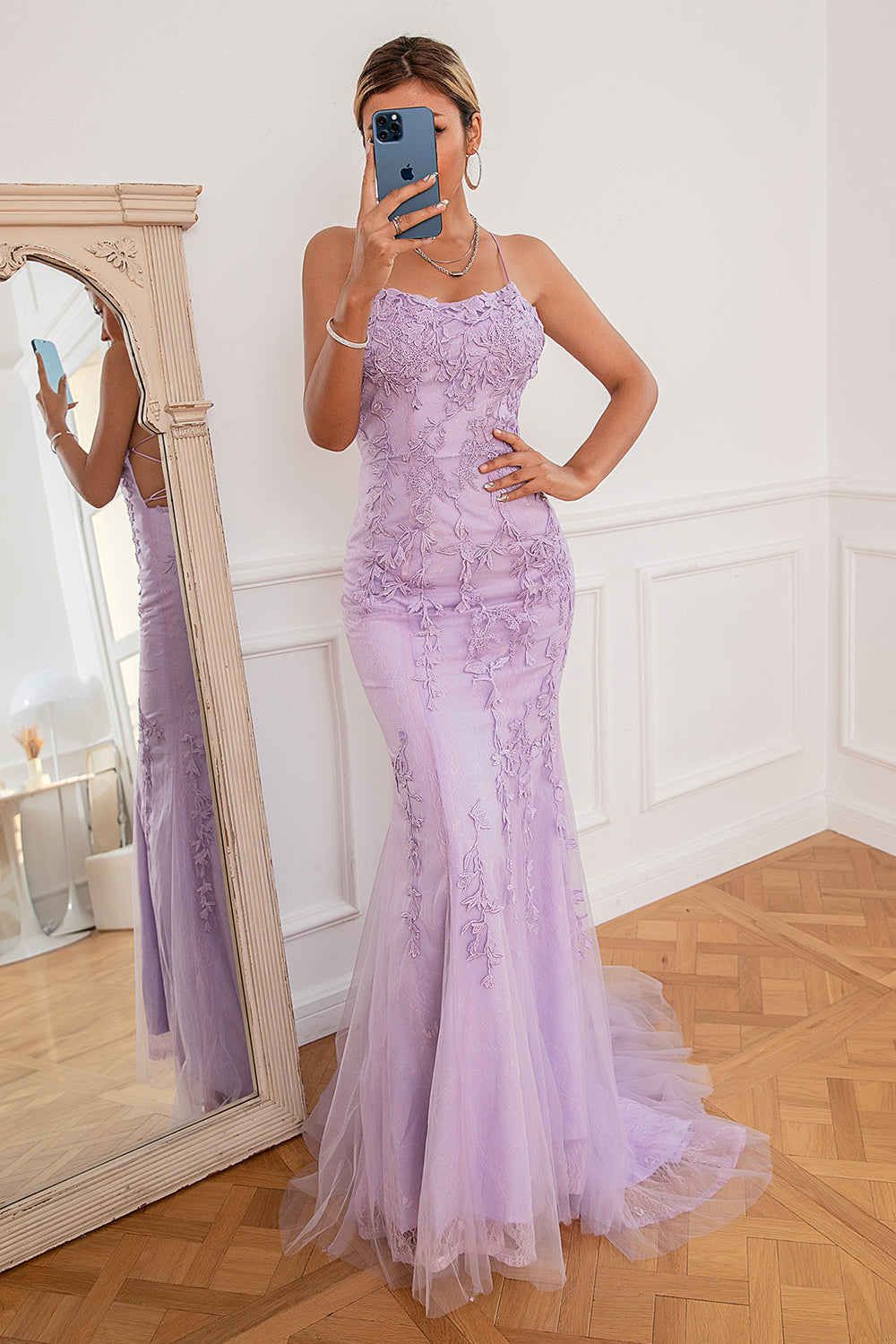 Coral Backless Long Prom Dress with Appliques