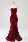 Red Strapless Sequins Long Mermaid Prom Dress With Slit