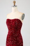 Red Strapless Sequins Long Mermaid Prom Dress With Slit