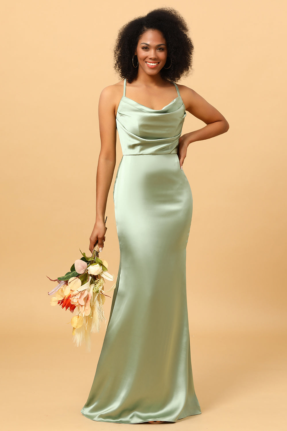 Dusty Sage Mermaid Cowl Neckline Long Satin Bridesmaid Dress