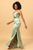 Dusty Sage Mermaid Cowl Neckline Long Satin Bridesmaid Dress