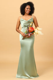 Dusty Sage Mermaid Cowl Neckline Long Satin Bridesmaid Dress