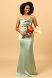 Dusty Sage Mermaid Cowl Neckline Long Satin Bridesmaid Dress