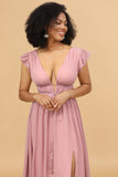 Blush V-neck Long Chiffon Bridesmaid Dress