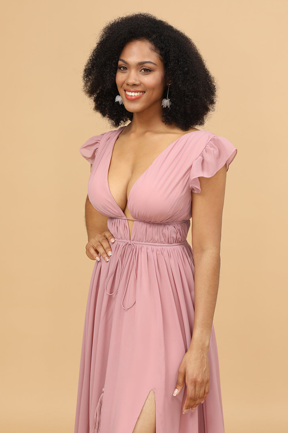 Blush V-neck Long Chiffon Bridesmaid Dress