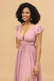 Blush V-neck Long Chiffon Bridesmaid Dress