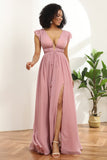 Blush V-neck Long Chiffon Bridesmaid Dress