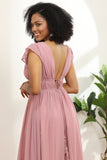 Blush V-neck Long Chiffon Bridesmaid Dress